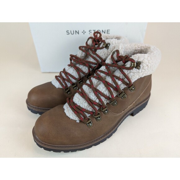 Sun Stone Glenn Lace Up Boots Mens 10 M Tan Faux Leather Fleece Shoes NWB main image 9